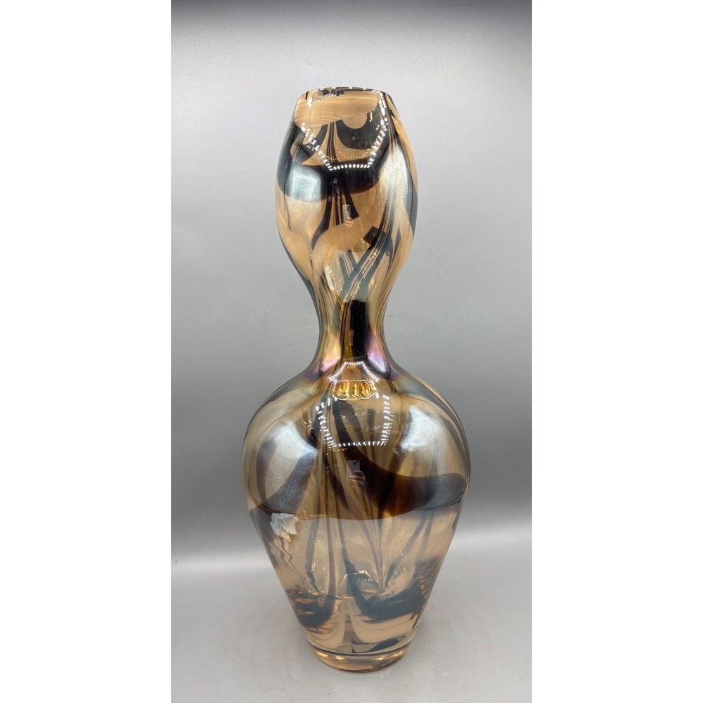 Art Glass Amber‎ Brown Swirl Gourd Vase Heavy Thick 15.5 Inch Hourglass